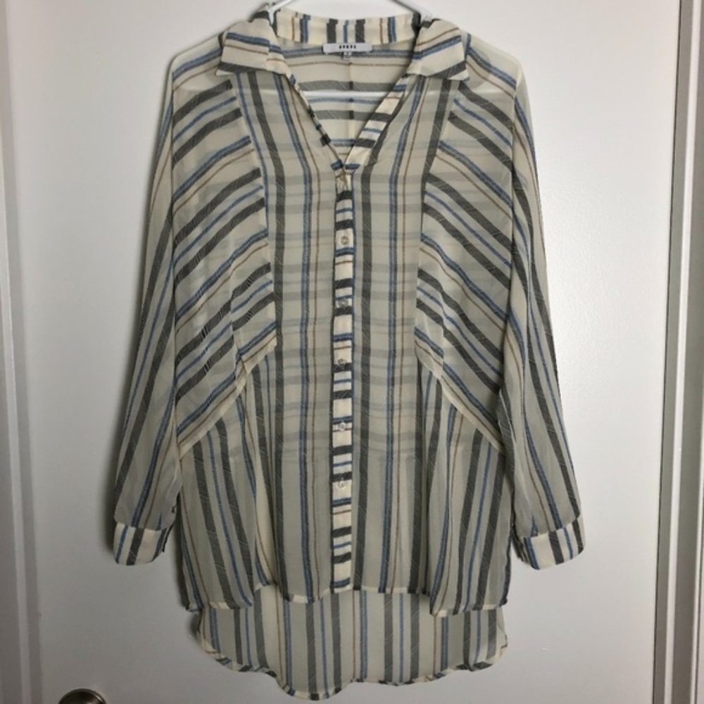 ! RO & DE Sheer Vacation Long Sleeve Button-Up Bust Seam Blouse Women Size M